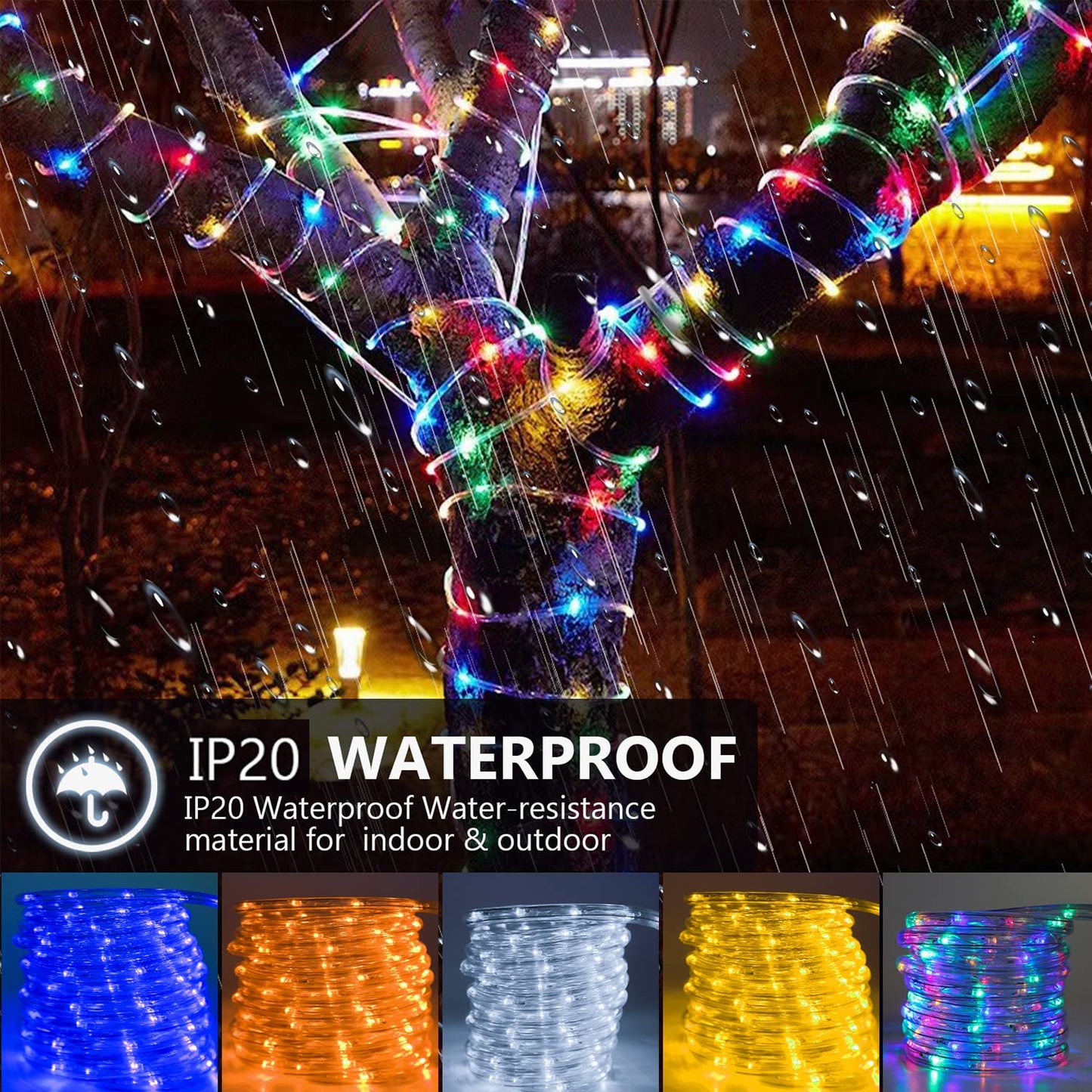 Ikodm LED light rope outdoor 1200 LEDs 50m light rope with timer 8 lighting modes waterproof string lights powered by electricity for indoor party Christmas Halloween wedding, warm white