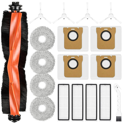 18 pieces of accessories for Xiaomi Robot Vacuum X20+ robot vacuum cleaner, including 1 main brush, 4 dust bags, 4 mop cloths, 4 side brushes, 4 filters, and 1 cleaning brush.