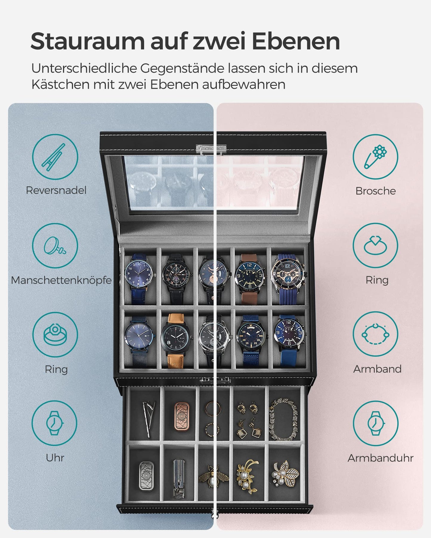 SONGMICS Watch Box, Watch Case with Glass Lid, 2 Levels, Watch Holder with Removable Watch Pillows, Watch Organizer, Gift Idea, PU Cover in Black, Velvet Lining in Grey JWB020