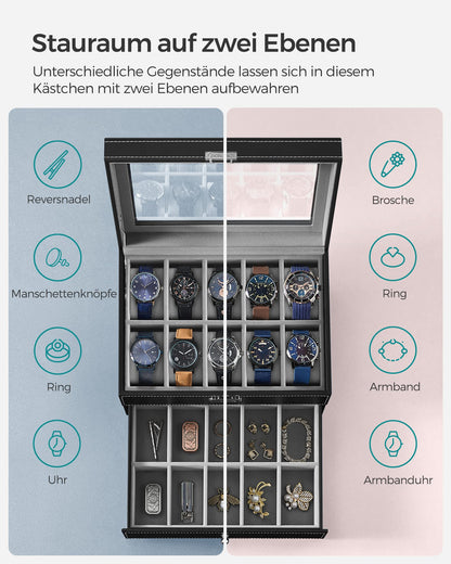 SONGMICS Watch Box, Watch Case with Glass Lid, 2 Levels, Watch Holder with Removable Watch Pillows, Watch Organizer, Gift Idea, PU Cover in Black, Velvet Lining in Grey JWB020