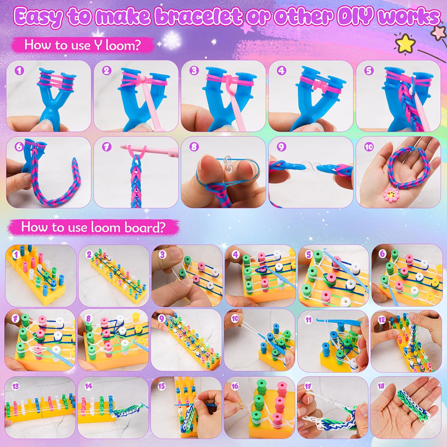 10000+ loom bands set, 2 layer colorful rubber bands kit for bracelets, DIY elastic loom bands kids bracelet making with beads hook charms storage box for beginner boys girls gift