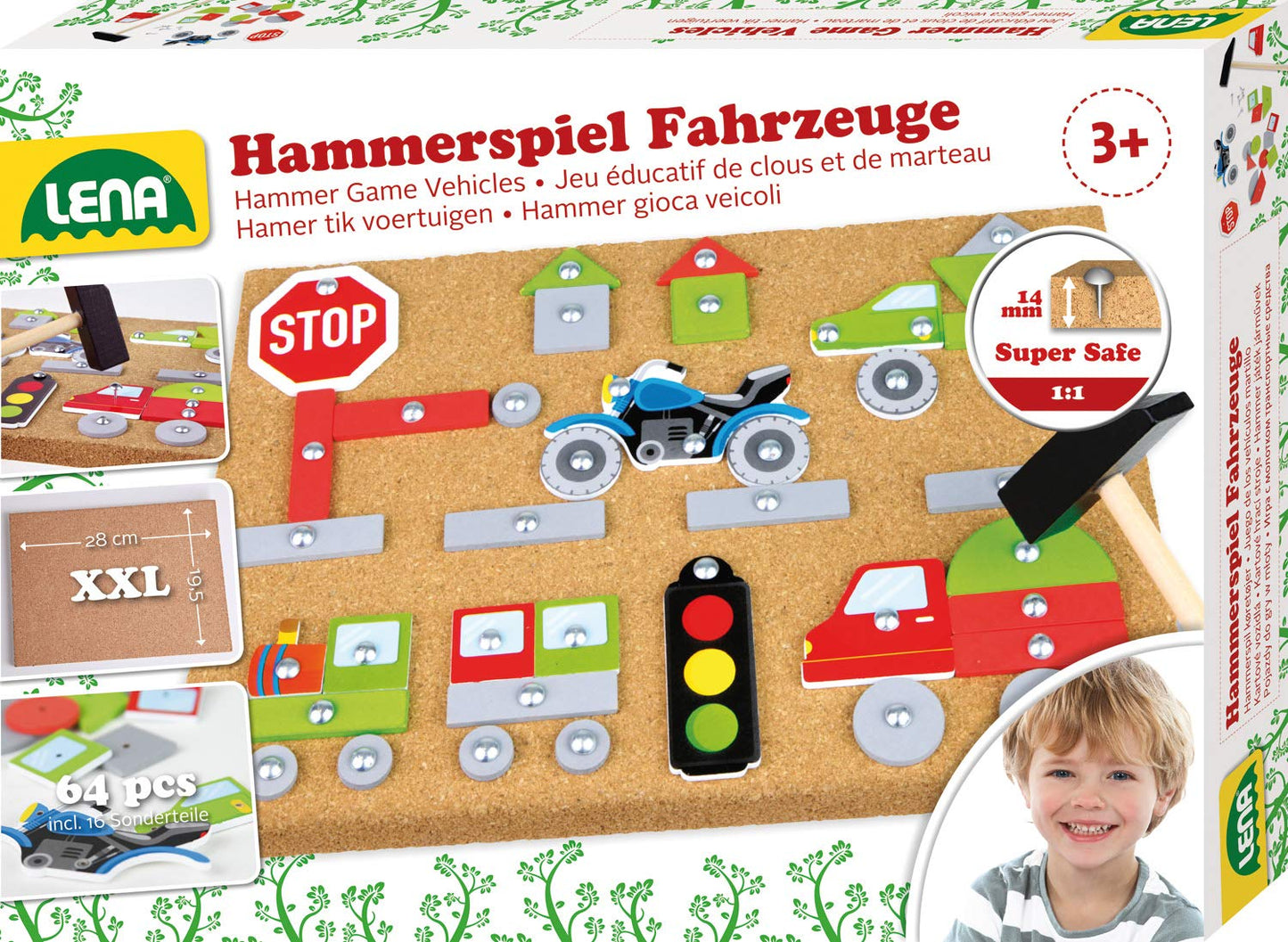 Lena 65828 Hammer Game, nail game with 64 colorful construction pieces, approx. 28 x 19.5 cm & Hammer Game Vehicles, with 64 colored pieces in different shapes, approx. 28 x 19.5 x 1.4 cm