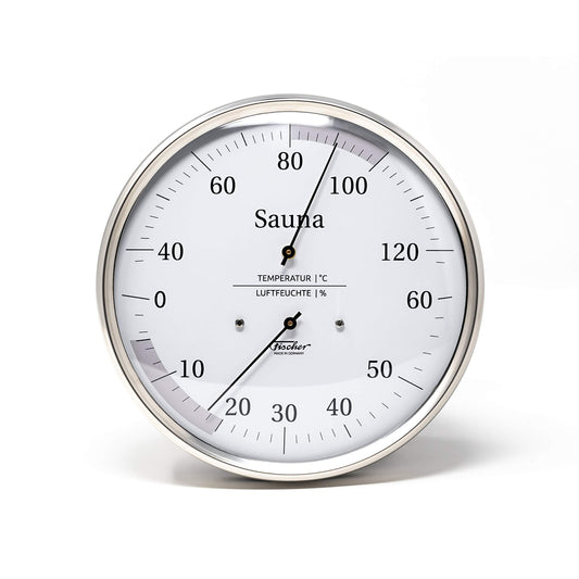 Fischer 194.01 - Sauna Thermohygrometer - 130mm hair hygrometer and bimetal thermometer made of stainless steel. Made in Germany.