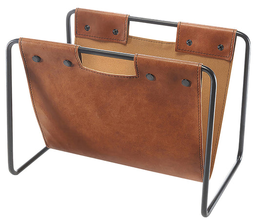 Kobolo newspaper rack, 37x24x27 cm, brown, faux leather & metal, modern magazine holder in an industrial look, organizer for newspapers, magazines & books, decorative and functional.