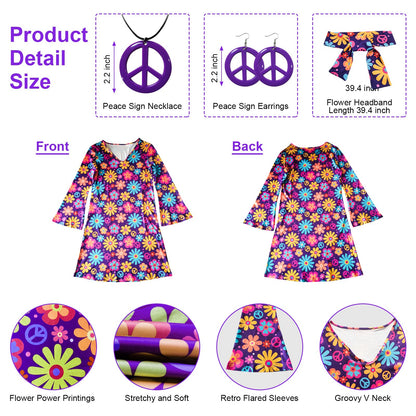 MRYUWB Women's Hippie Dress, 1970s Costume, with Necklace, Earrings, Sunglasses, Disco Outfit, 1960s Party Costume, Halloween Retro Dress, Purple, XXL.