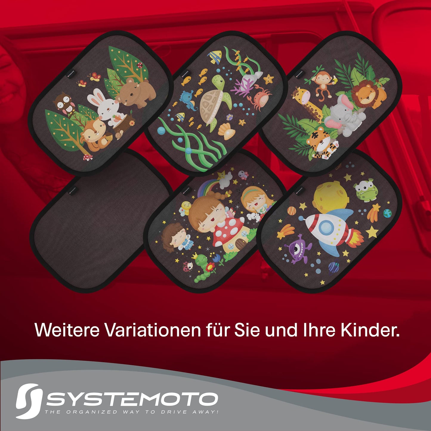 Systemoto Baby Car Sun Shades with Certified UV Protection (2 Pack) - Self-Adhesive Sunshades for Children with cute Animal Designs (Fairy Tales)