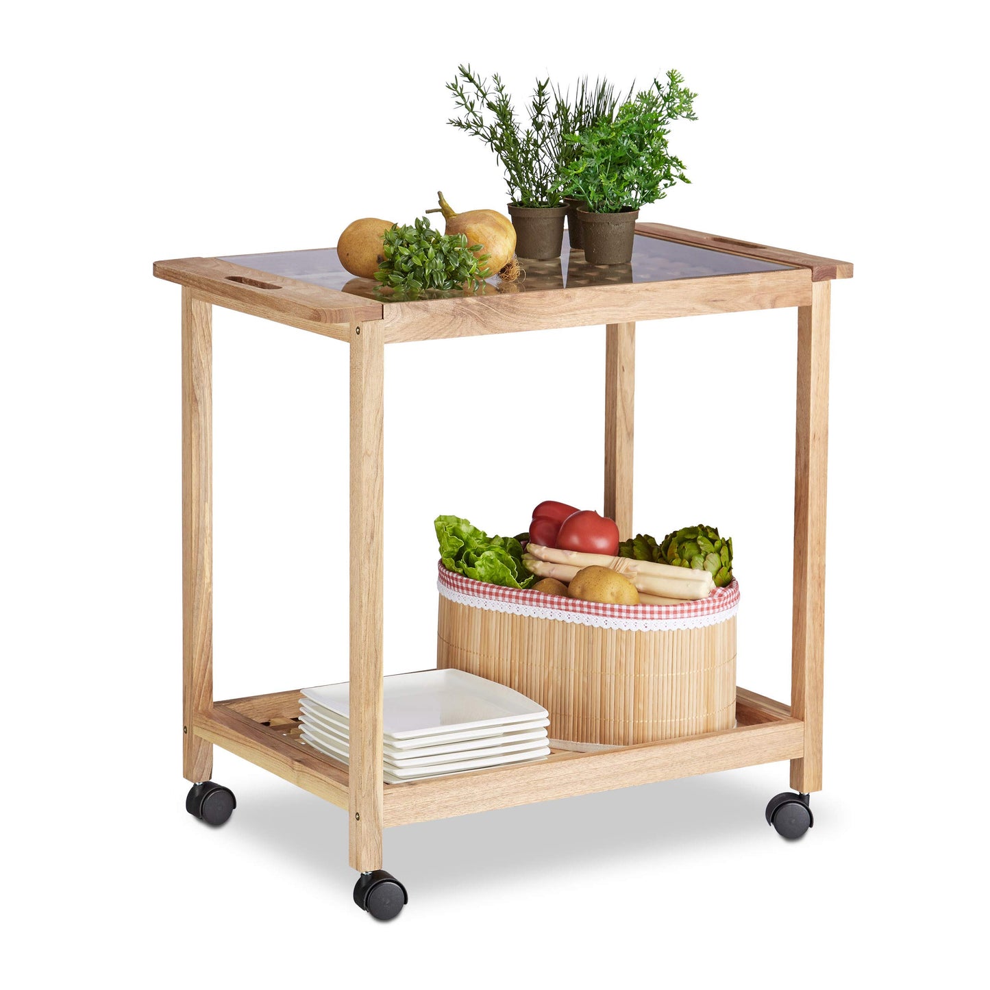 Relaxdays kitchen trolley on wheels, wooden serving cart with glass top, 2 tier rolling cart, HxWxD: 62 x 66 x 38 cm, natural, brown.