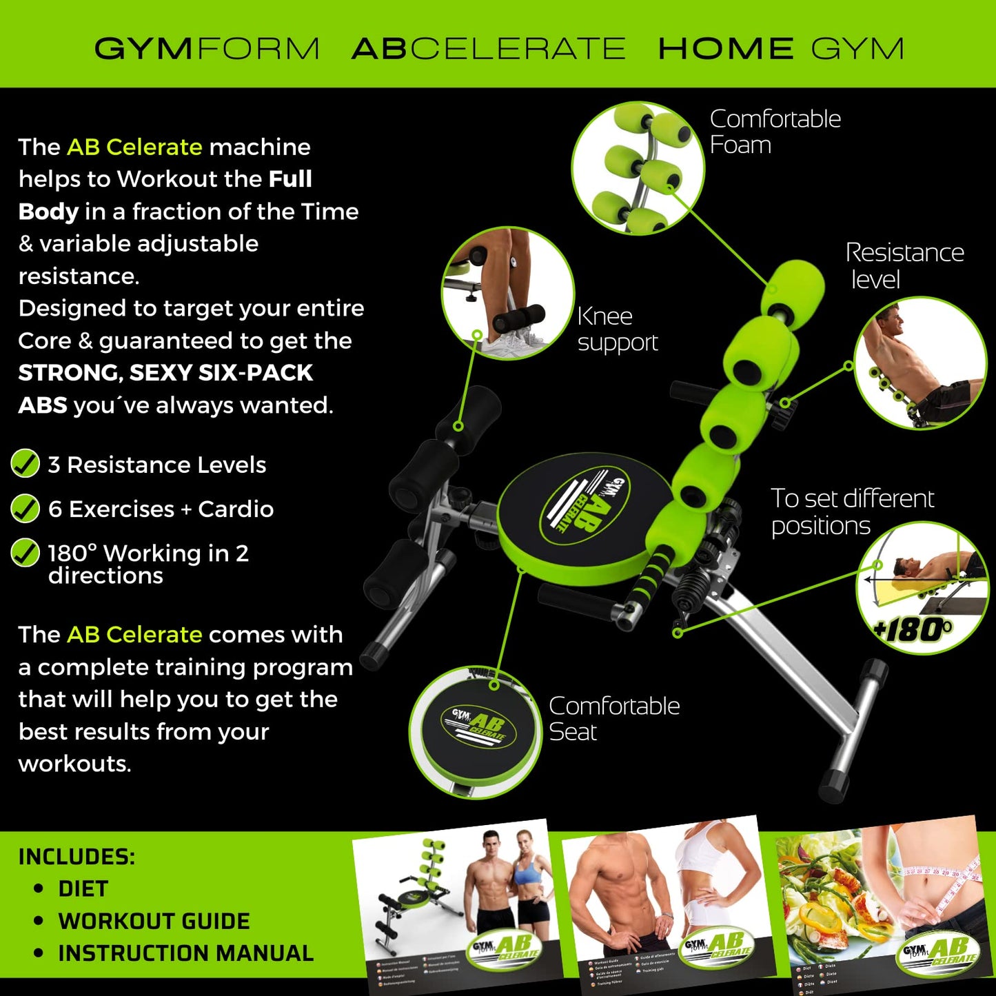 Abdominal trainer equipment for full-body workout, Gymform Ab Celerate, suitable for all ages up to 120 kg, 6 exercises target your entire core + cardiovascular training.