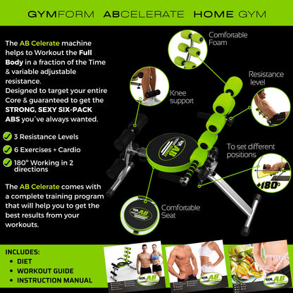 Abdominal trainer equipment for full-body workout, Gymform Ab Celerate, suitable for all ages up to 120 kg, 6 exercises target your entire core + cardiovascular training.