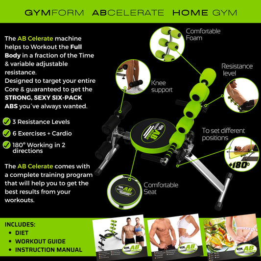 Abdominal trainer equipment for full-body workout, Gymform Ab Celerate, suitable for all ages up to 120 kg, 6 exercises target your entire core + cardiovascular training.