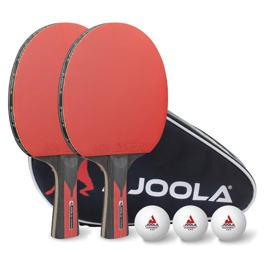 JOOLA Table Tennis Set Duo Carbon 2 table tennis rackets + 3 table tennis balls + table tennis case, red/black, 6 pieces