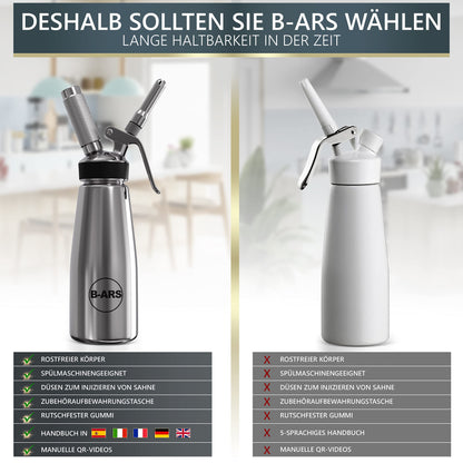 B-ARS cream dispenser stainless steel 0.5L for whipped cream espumas with accessories decoration nozzles injection needles cleaning brush storage bag recipe ebook cream spray bottle.