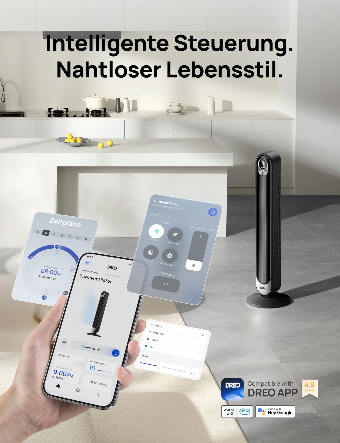 Dreo Smart 20dB Tower Fan Quiet, 9M Wind Distance Fan with Remote Control, 6 Speeds 4 Modes, 90° Oscillating Pedestal Fan with Voice Control for Bedroom, 12H Timer