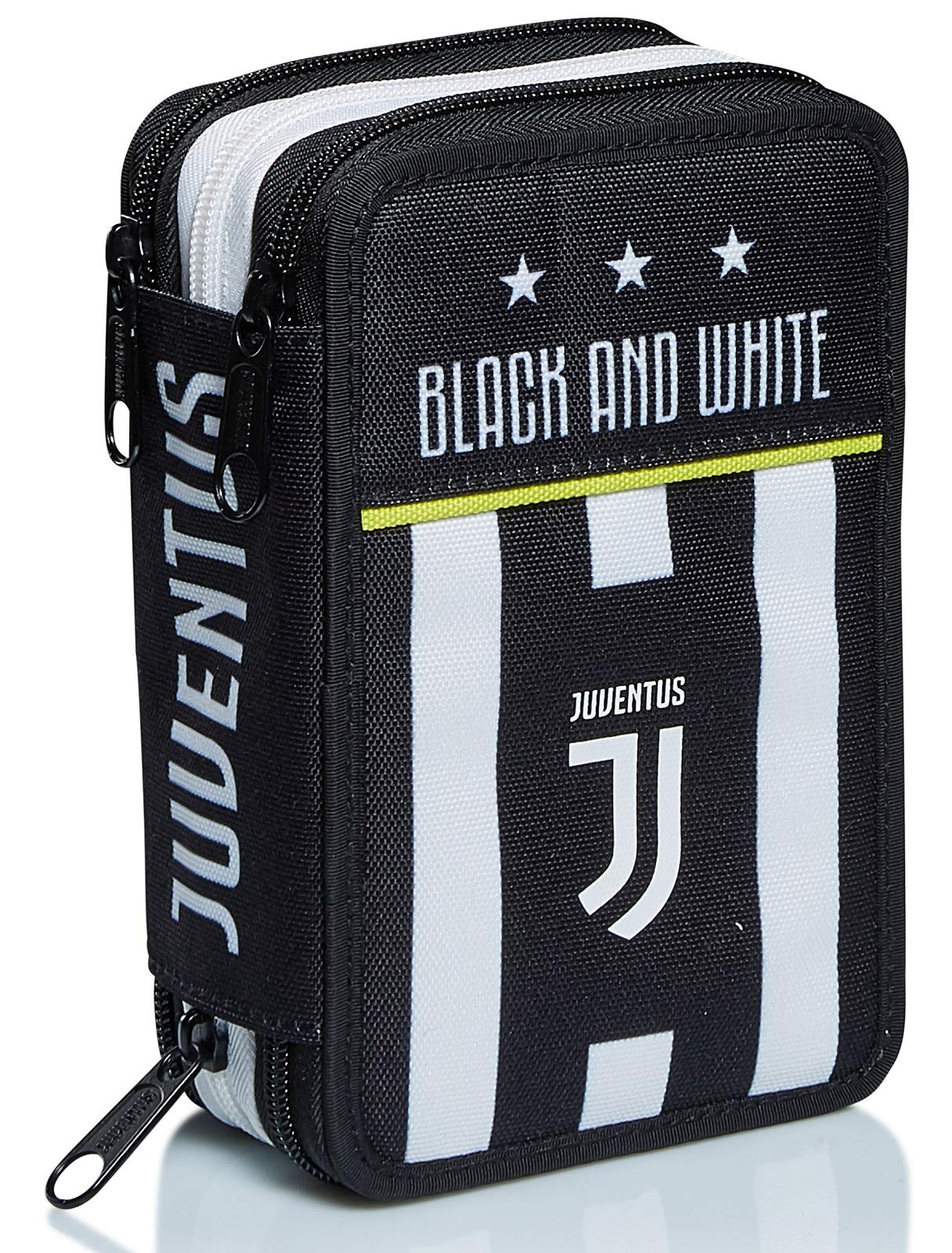 Seven Juventus pencil case, pen pouch for stationery, complete with pencils, markers, school supplies, with 3 compartments, girls, school - elementary school, XXL soccer black and white