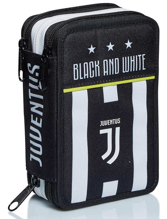 Seven Juventus pencil case, pen pouch for stationery, complete with pencils, markers, school supplies, with 3 compartments, girls, school - elementary school, XXL soccer black and white