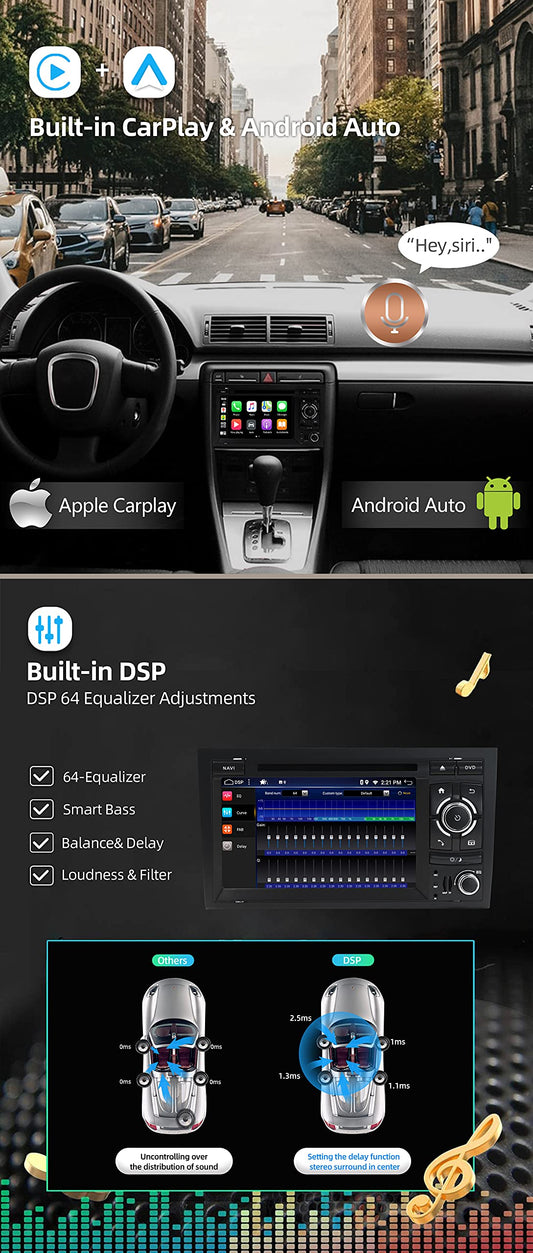 JOYX Android 12 Car Stereo for Audi A4/S4/RS4/Seat Exeo - [4G+64G] - Built-in DSP+Carplay+Android Auto - Rearview Camera Canbus FREE - With DAB Steering Wheel Control 4G WiFi Bluetooth5.0-2 Din