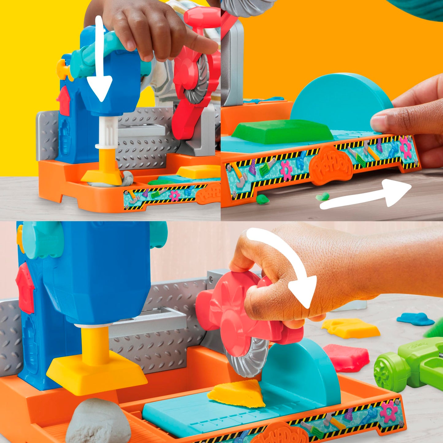 Play-Doh workbench playset, 5 x 56g cans of modeling compound in colorful colors, with circular saw toy, tools, and stamps, creative for children ages 3 and up.