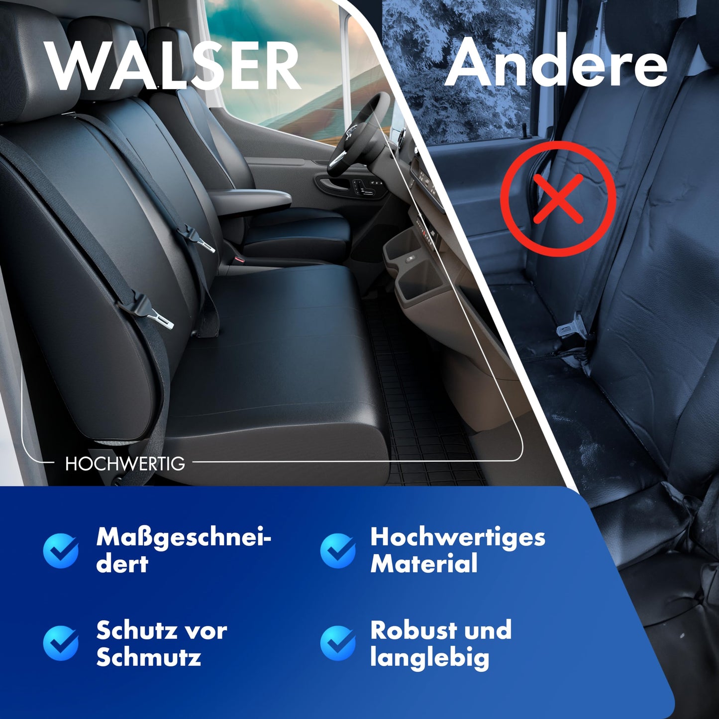 Walser transporter seat covers for VW Crafter, Mercedes Sprinter, 1 single seat (armrest cutout) & double bench, synthetic leather seat covers, seat protectors, seat pads