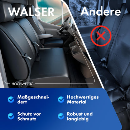 Walser transporter seat covers for VW Crafter, Mercedes Sprinter, 1 single seat (armrest cutout) & double bench, synthetic leather seat covers, seat protectors, seat pads