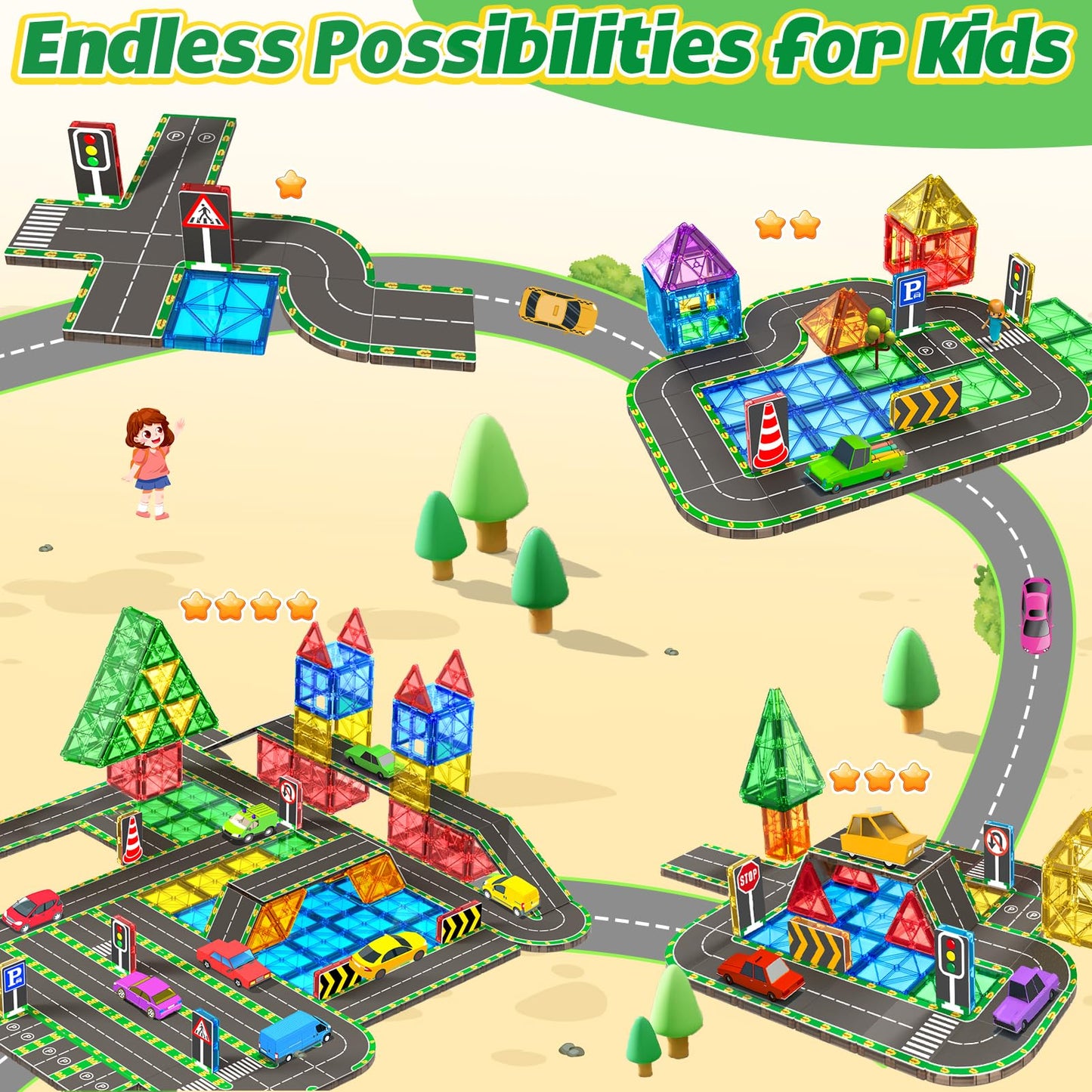 64-piece Magnetic Building Blocks Road Set with magnetic tiles STEM toy for 3 year old boys and girls. Customized birthday gifts for children aged 3-8 years.