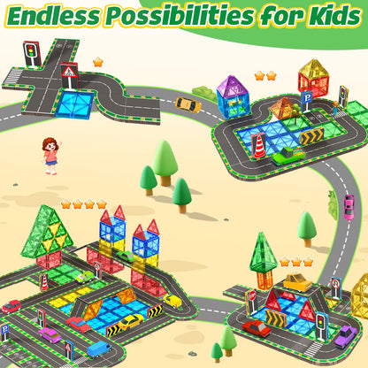 64-piece Magnetic Building Blocks Road Set with magnetic tiles STEM toy for 3 year old boys and girls. Customized birthday gifts for children aged 3-8 years.