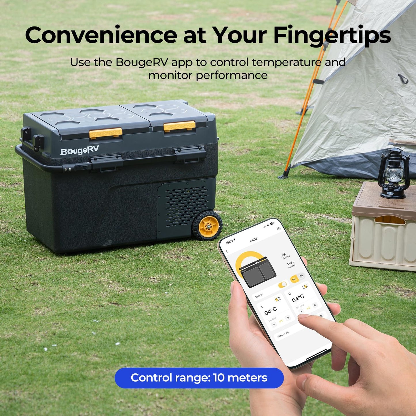 BougeRV CRD2 compressor refrigerator 49L with freezer compartment, dual doors, dual zones (improved aluminum handle). Car fridge with wheels, 12V/24V 230V, camping electric cooler with APP control, -20°C~20°C.