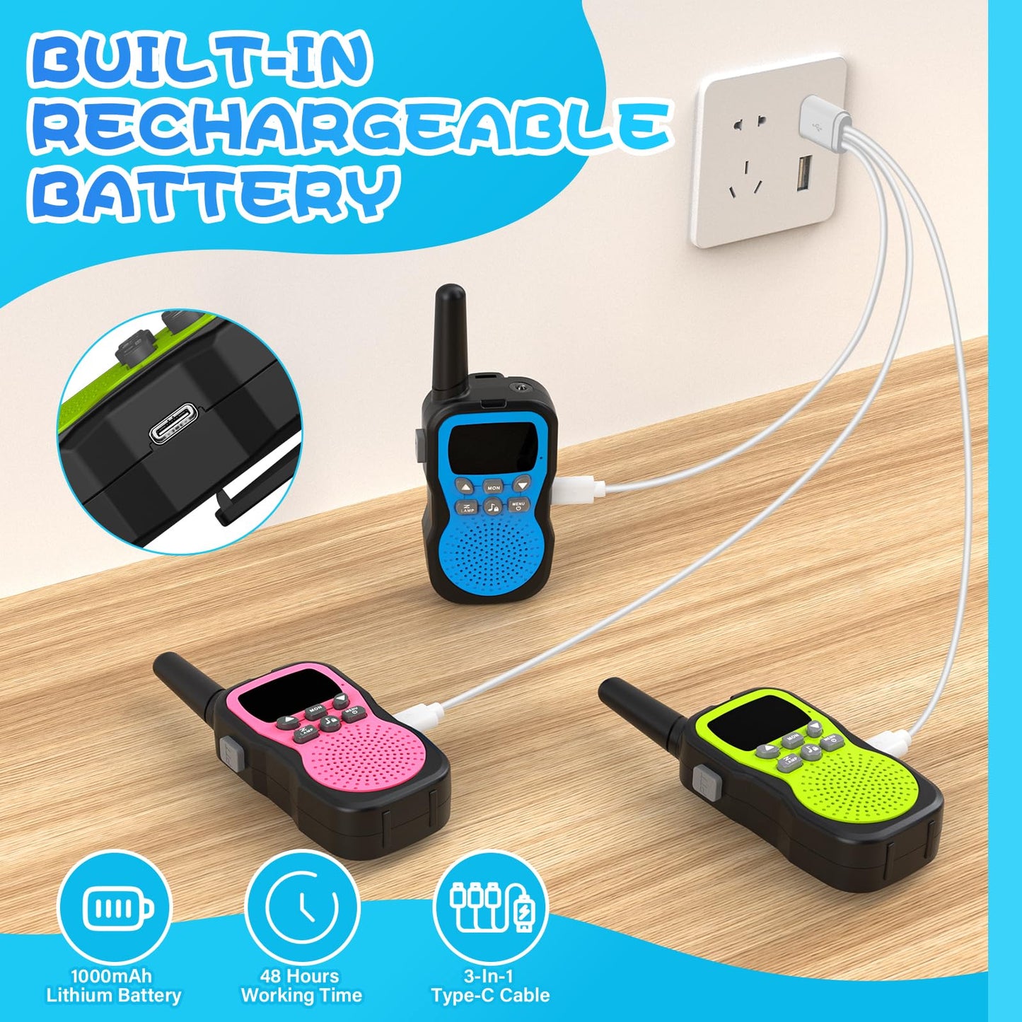 Walkie Talkie Kids 3-pack, Apkezel Walky Talky with 1000mAh rechargeable battery, long range 3km walkie talkie radios with VOX flashlight for outdoor, camping, hiking.