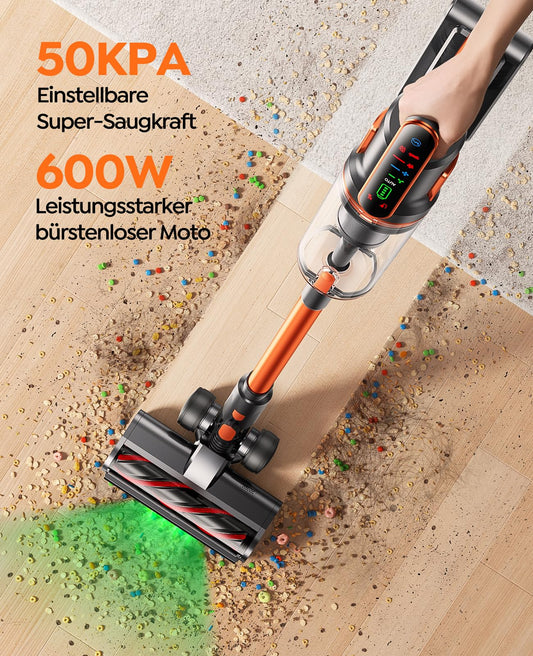 Fieety Cordless Vacuum Cleaner, 45KPa/550W/60Min with Wall-Mounted Charging Station, Aromatherapy, Auto Mode, Touchscreen, 1M Extendable Hose for Hard Floors Carpets Pet Hair Car