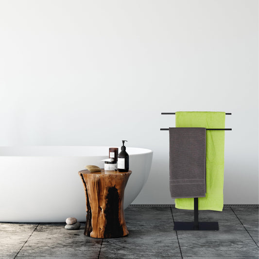 Relaxdays towel stand, 2 poles, freestanding, bathroom, iron, double towel holder H x W x D: 82 x 50 x 19 cm, black, 1 piece