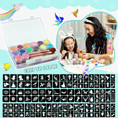 Glitter Tattoo Set for Girls, Eleanore's Diary 31 Biodegradable Glitter, Temporary Tattoo Kit, Kids Glitter Tattoos Set, 165 Stencils, 4 Brushes, 2 Glues, Gift for Girls 3+