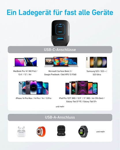 Anker USB C Charger 67W, Anker 335 High-Speed Power Adapter with PIQ 3.0, 3-Port Fast Charger, iPad charger, PD Charger for iPhone 17/16/15 Series, MacBook Pro, iPad, Galaxy, Pixel, and more.