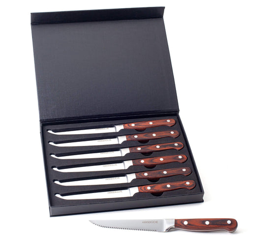 Hanseatic Kitchen Steak Knife Set - 6 High-Quality Steak Knives with Wooden Handles - Elegant Cutlery Set made of stainless special blade steel with serrated edge and gift box (Brown)