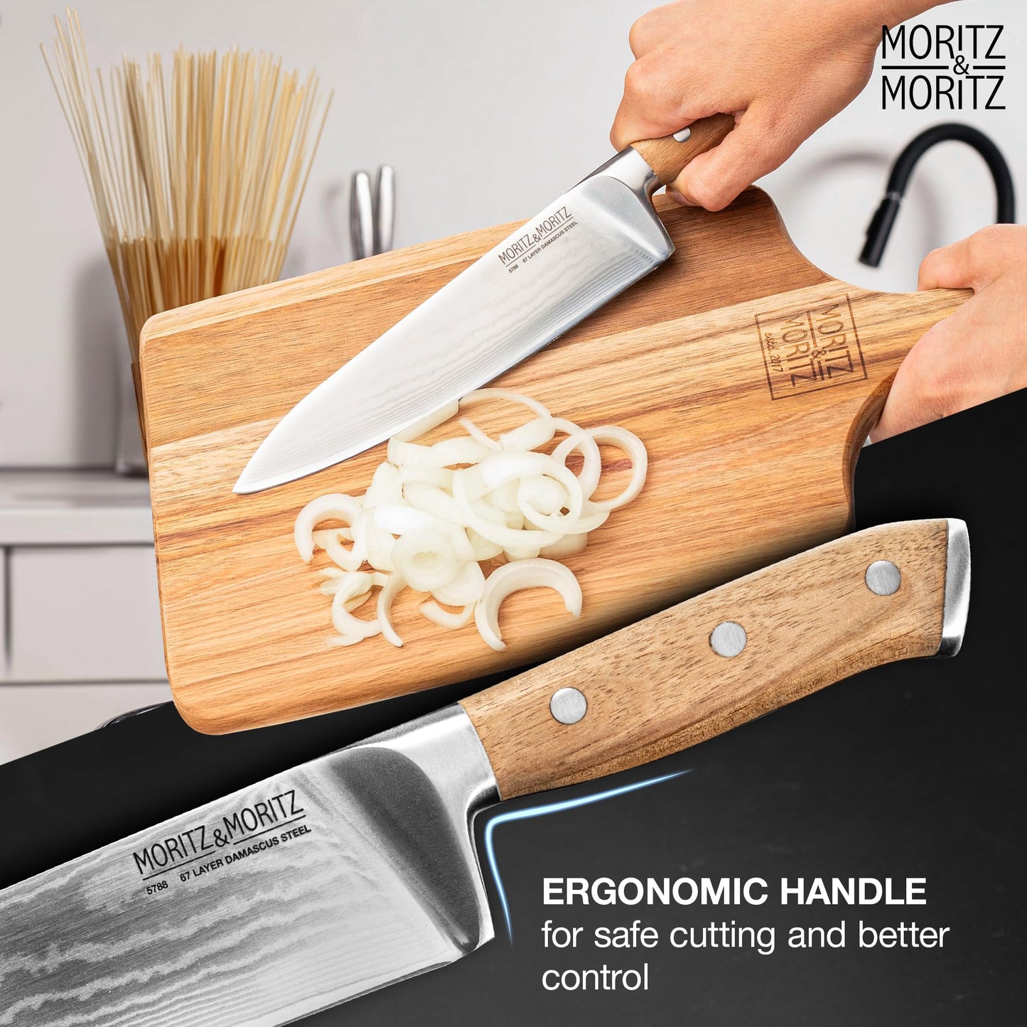 Moritz & Moritz Damascus knife 20 cm - Professional chef's knife made of 67 layers of Damascus steel - Sharp kitchen knife - Japanese chef's knife - Ergonomic handle made of acacia wood - Damascus knife steel