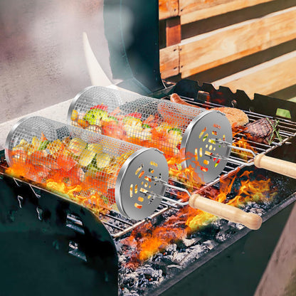 OWZ Rolling Grill Basket Set - 2 pieces of stainless steel grill basket with wooden handle - Rolling Grilling Basket - for outdoor camping grill, grilled vegetables, meat skewers, seafood, etc. (31.8 * 9.5CM)