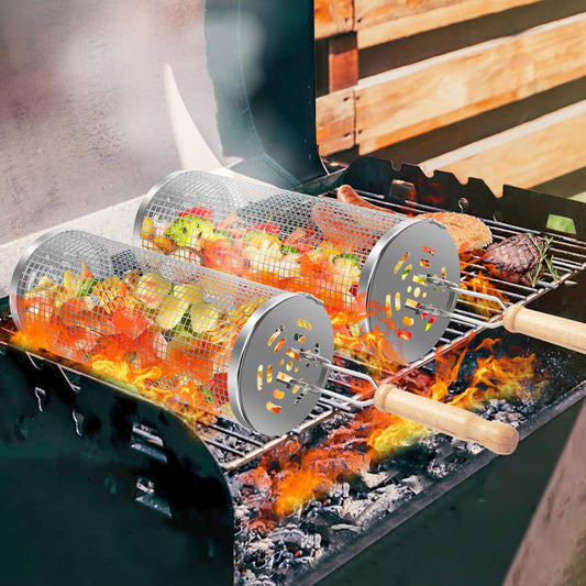 OWZ Rolling Grill Basket Set - 2 pieces of stainless steel grill basket with wooden handle - Rolling Grilling Basket - for outdoor camping grill, grilled vegetables, meat skewers, seafood, etc. (31.8 * 9.5CM)