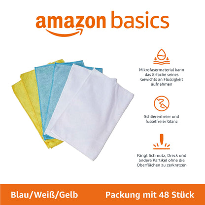 Amazon Basics Microfiber Cleaning Cloth, 30.5 x 40.6 cm, 48 Pack, Multicolor