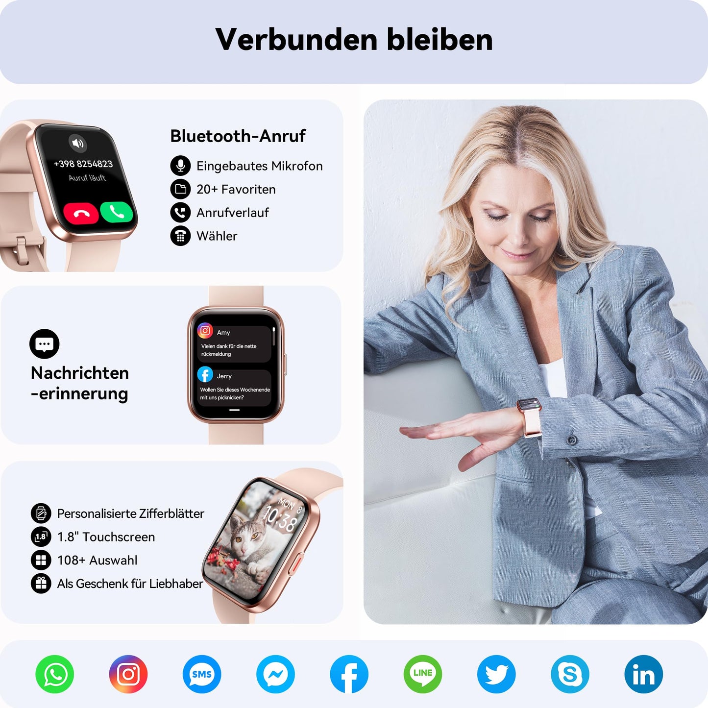 ENOMIR smartwatch for women with phone function, pedometer watch for women with large color display, built-in Alexa, heart rate monitor, sleep tracker, pedometer, activity tracker compatible with Android/iOS.