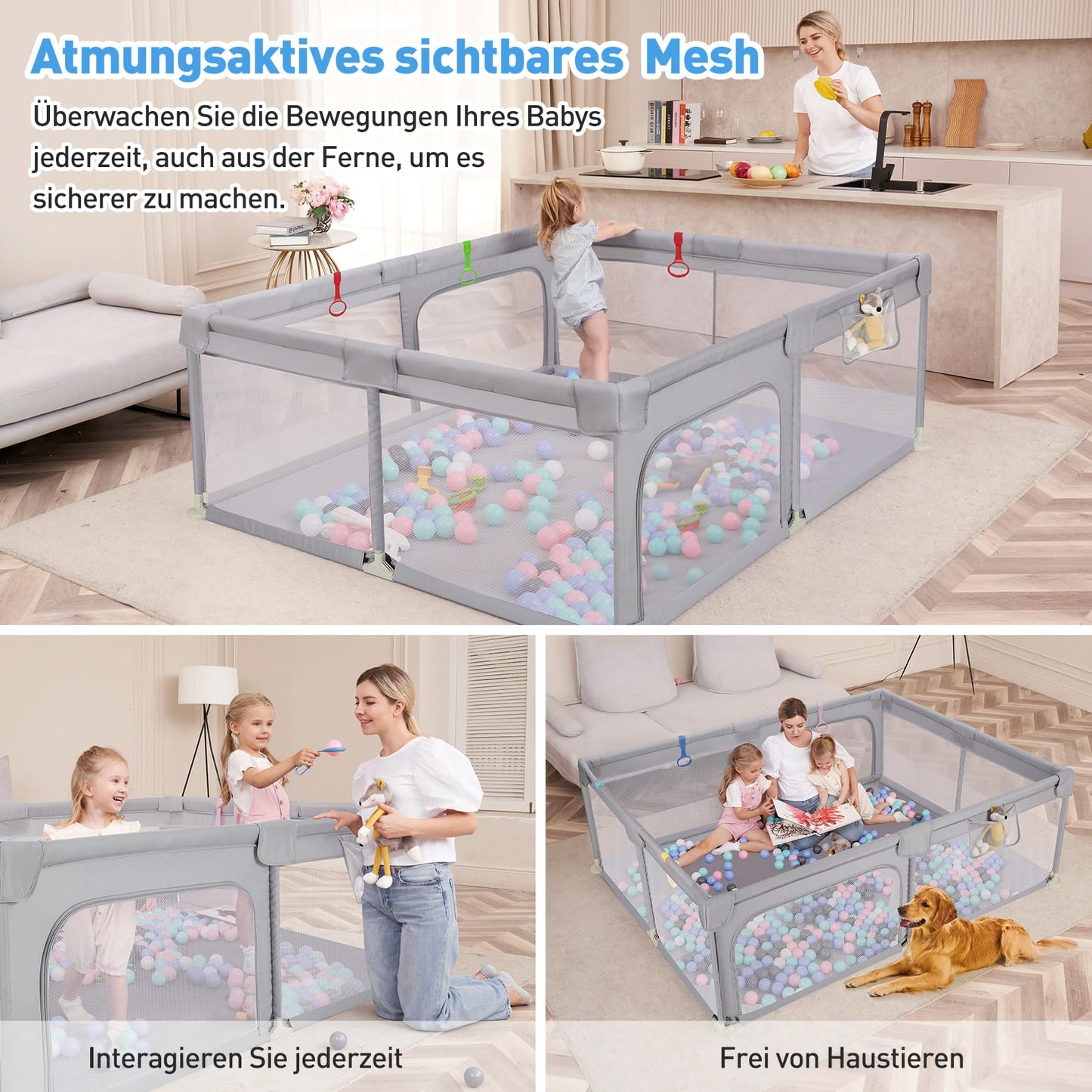 Dripex Playpen Baby 150x200cm, Playard Baby, Playpen with breathable mesh, Playard 300D Oxford Fabric, Playpen, baby playpen, Large Safety Playground, Gray