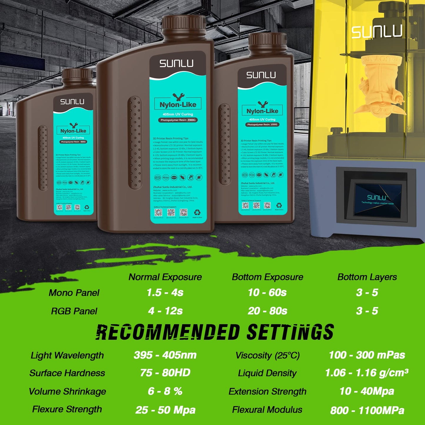 SUNLU Nylon-like 3D printing resin, high strength and durable photopolymer resin for LCD/DLP/SLA printers, 395-405nm UV curing, great for functional parts, prototypes, 1000G Grey.