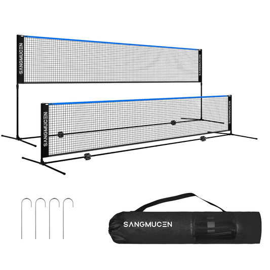 SANGMUCEN 4m Badminton Net, Volleyball Net for Garden, adjustable poles, portable set, easy to set up and take down. Ideal for tennis, badminton, or volleyball. Blue and Black color TBN004B.