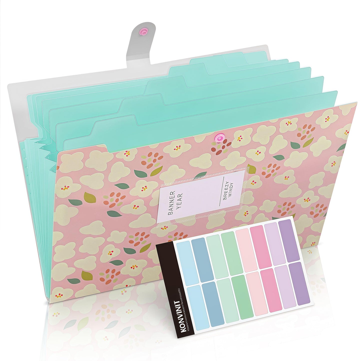 KONVINIT A4 expanding file folder with 7 compartments, floral design. Portable organizer for school, home, work, or office. Comes with labels. Set of 2.