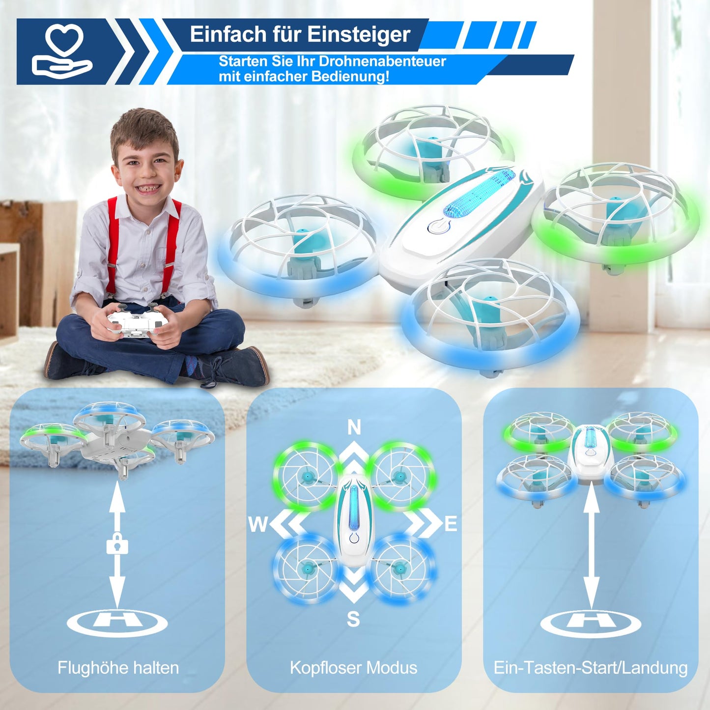 Wipkviey T18 Mini Drone for kids, RC Quadcopter with blue and green lights and 360° flip, RC drones with altitude hold and headless mode for boys girls beginners, 2 batteries.