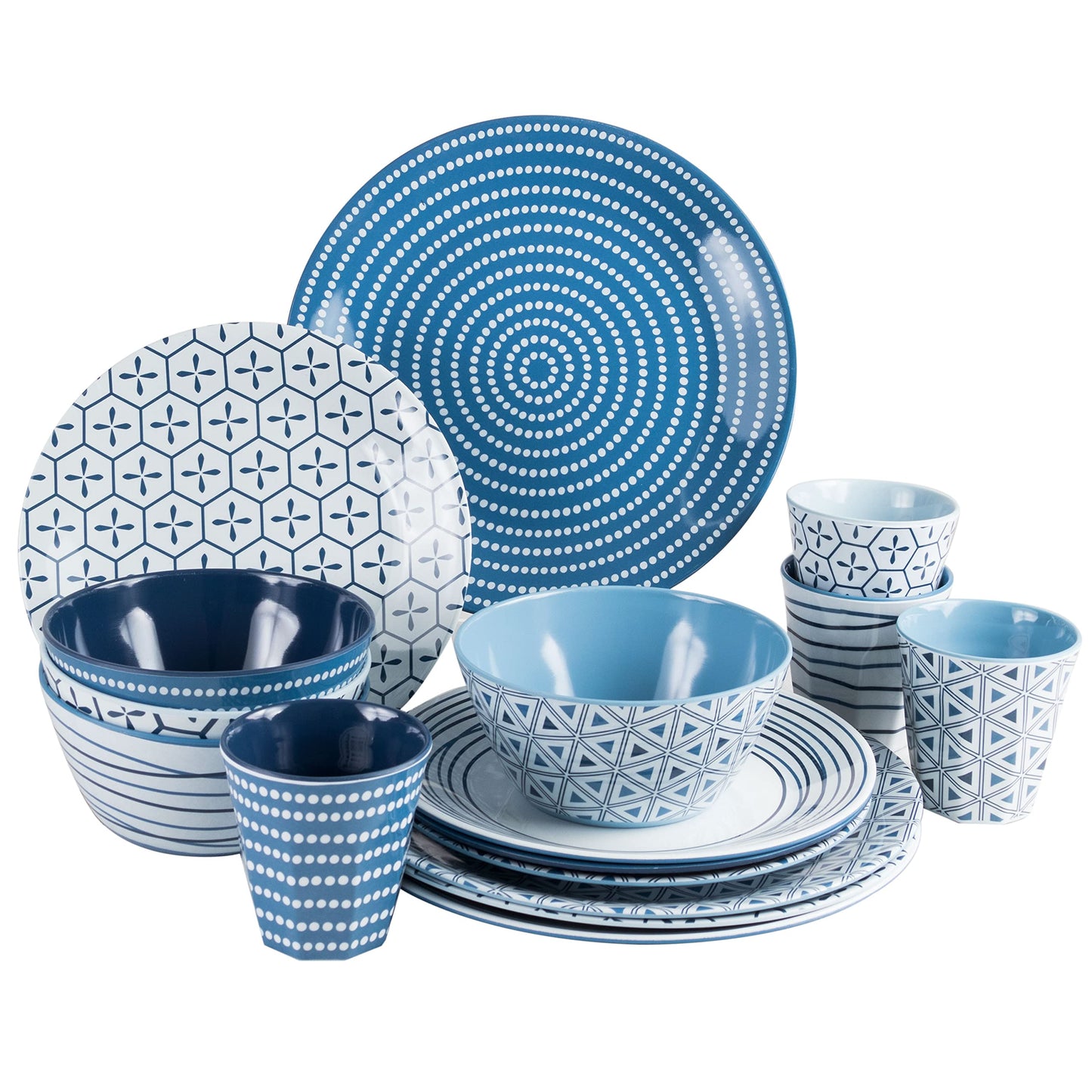 Camping tableware set for 4 people, blue and white, melamine dinnerware set, camping dishes, RV dishes, 16-piece mug dinnerware set modern picnic tableware.