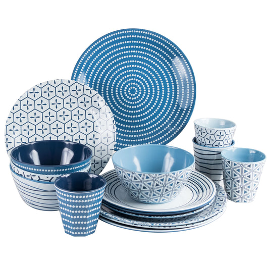 Camping tableware set for 4 people, blue and white, melamine dinnerware set, camping dishes, RV dishes, 16-piece mug dinnerware set modern picnic tableware.