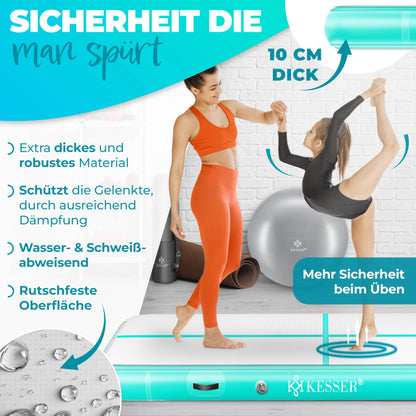 KESSER® Inflatable Airtrack Fitness Mat Gymnastics Mat | incl. carrying bag & electric air pump | Yoga Mat, Tumbling Mats, Training Mat (Mint Green, 400 x 100 x 10 cm)