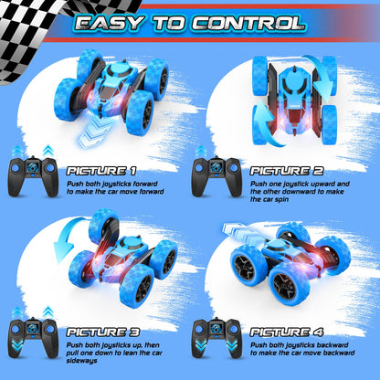 Cosone Remote Control Car, 2.4 GHz RC Cars with headlights, All-wheel Drive Off-road Stunt Car, Double-sided 360° Rotatable Car Toy, Gifts for Kids 6+ Years Old (Blue)