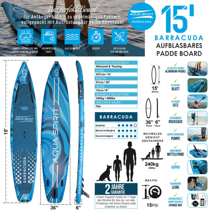 Aqua Spirit Inflatable Stand Up Paddle Board SUP Barracuda Kayak Package | 457 x 91 x 15cm | Adult Beginner/Expert | 150kg Limit | Seat, Paddle & Kayak Blade, Pump, Go Pro Mount, Bag