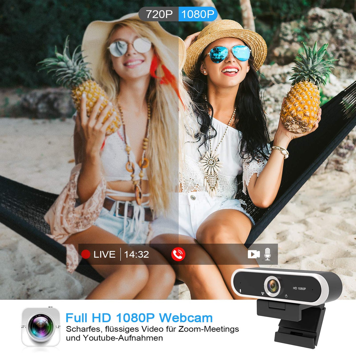 1080P webcam with microphone and webcam cover, tripod, plug & play, with automatic light correction, for laptop, PC, desktop, for live streaming, video calling, conference.
