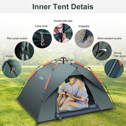 Amflip Camping Tent Automatic 2 Person Instant Tent Pop Up Dome Tent 4 Season Waterproof & Windproof Camping Tent with Detachable Outer Tent for Family Camping