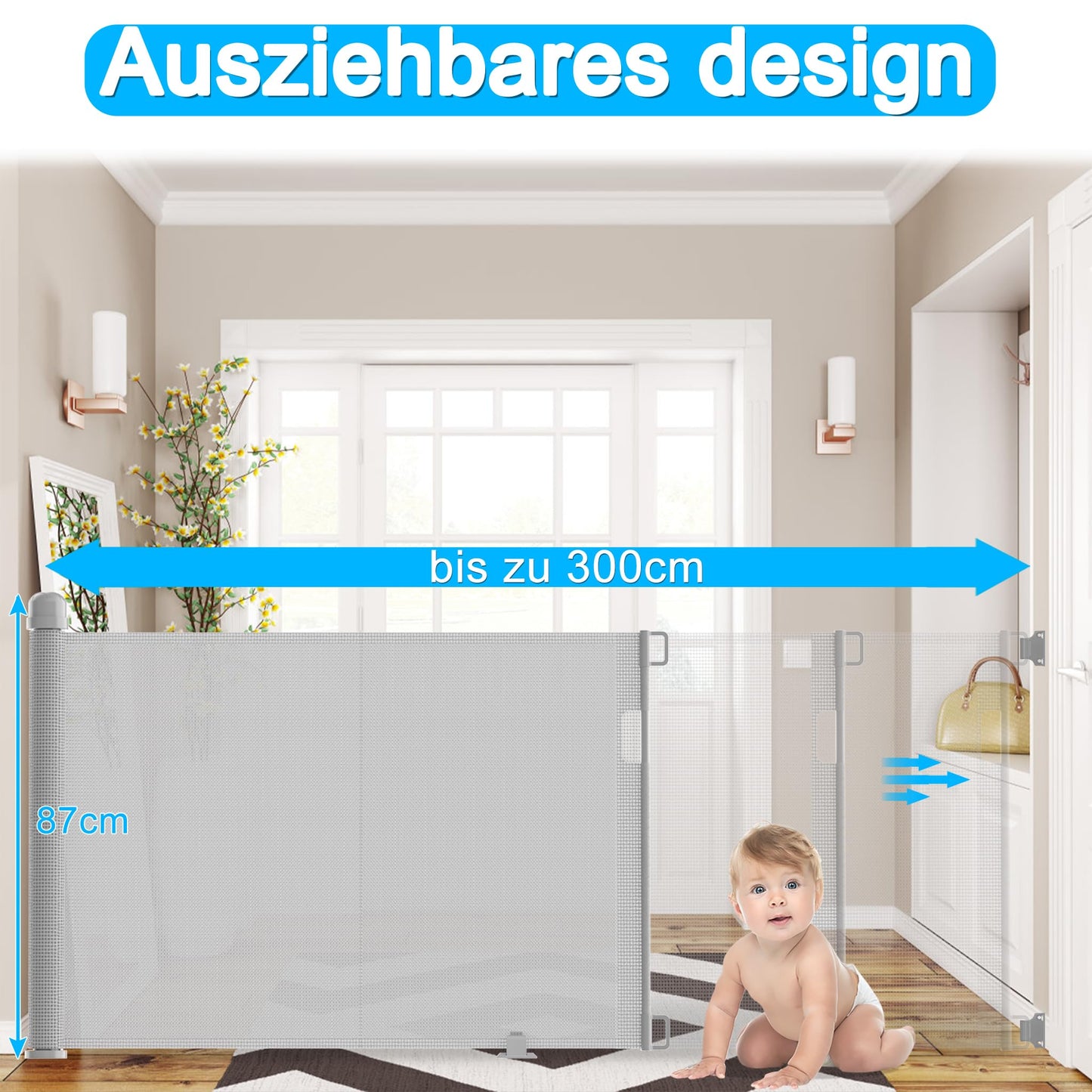 VA-Cerulean Stair Gate Door Gate Retractable for Kids and Baby, 300 cm Lockable Dog Gate Barrier, Stair Gate Pet Barrier, Gray